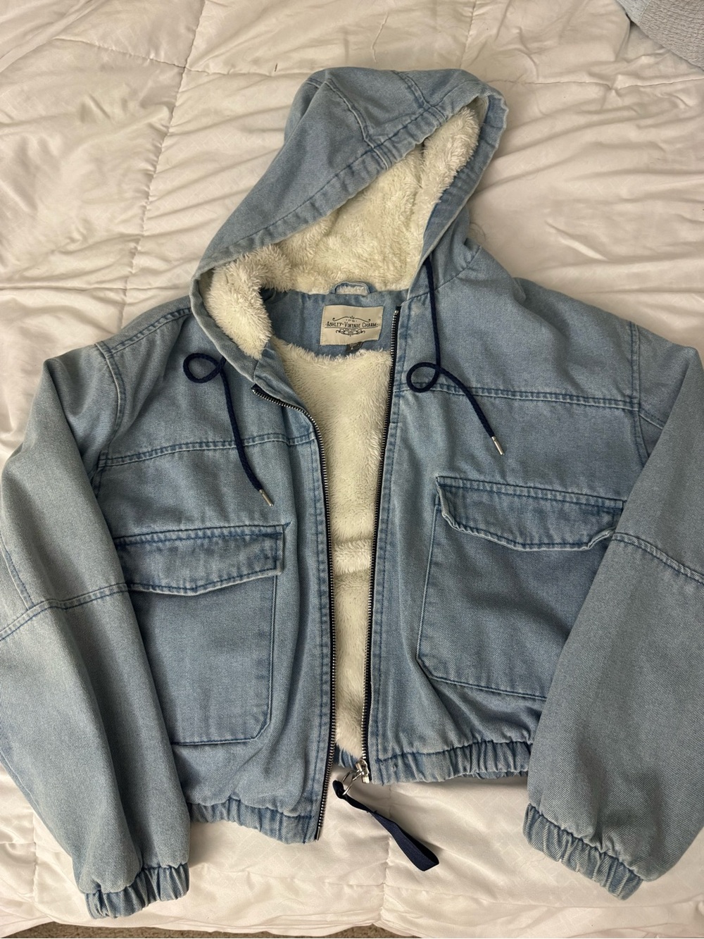 Light Blue Hooded Sherpa-Lined Jacket